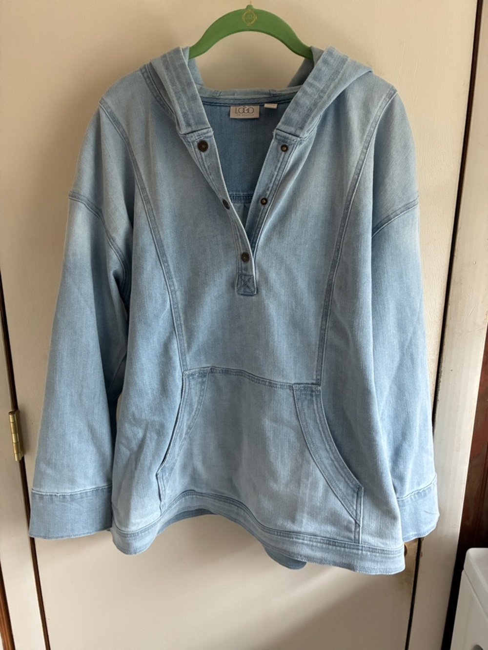 LOGO by Lori Goldstein Light Blue Hooded Pullover Sweatshirt
